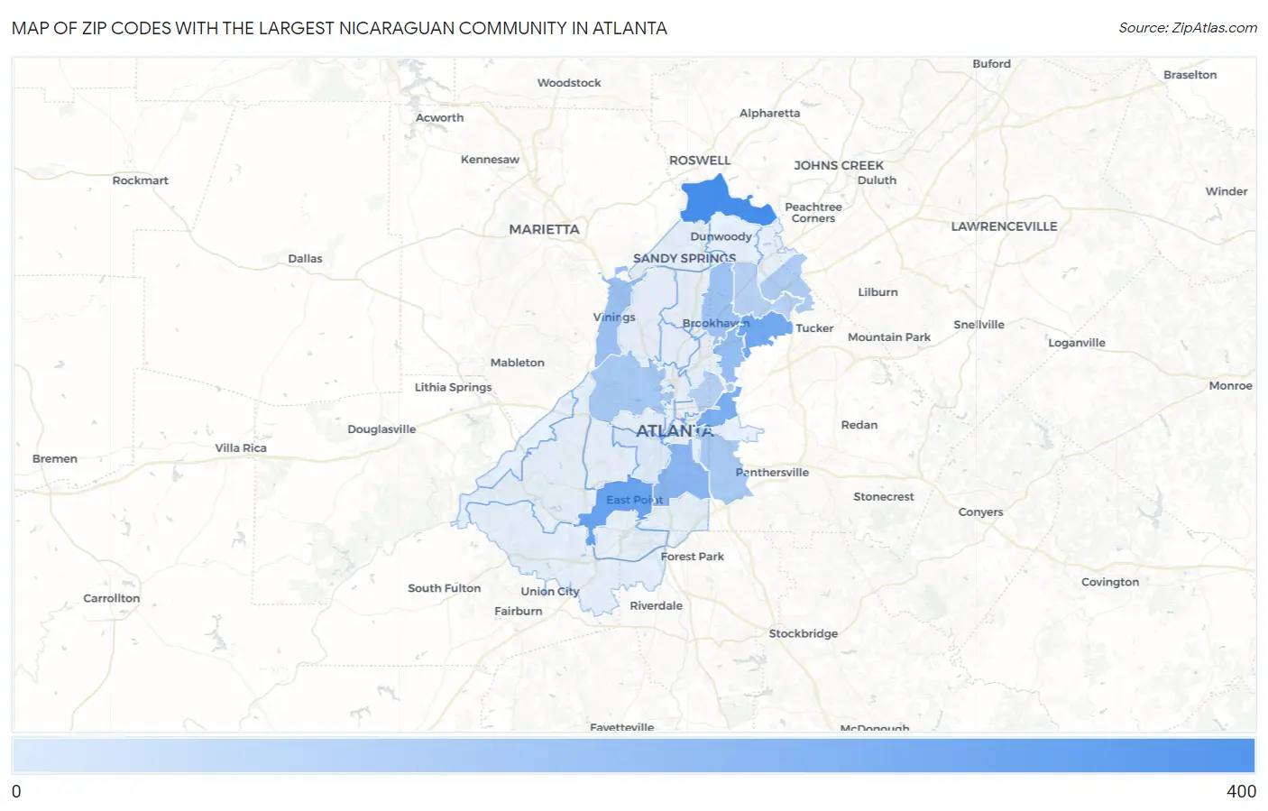 Zip Codes with the Largest Nicaraguan Community in Atlanta Map