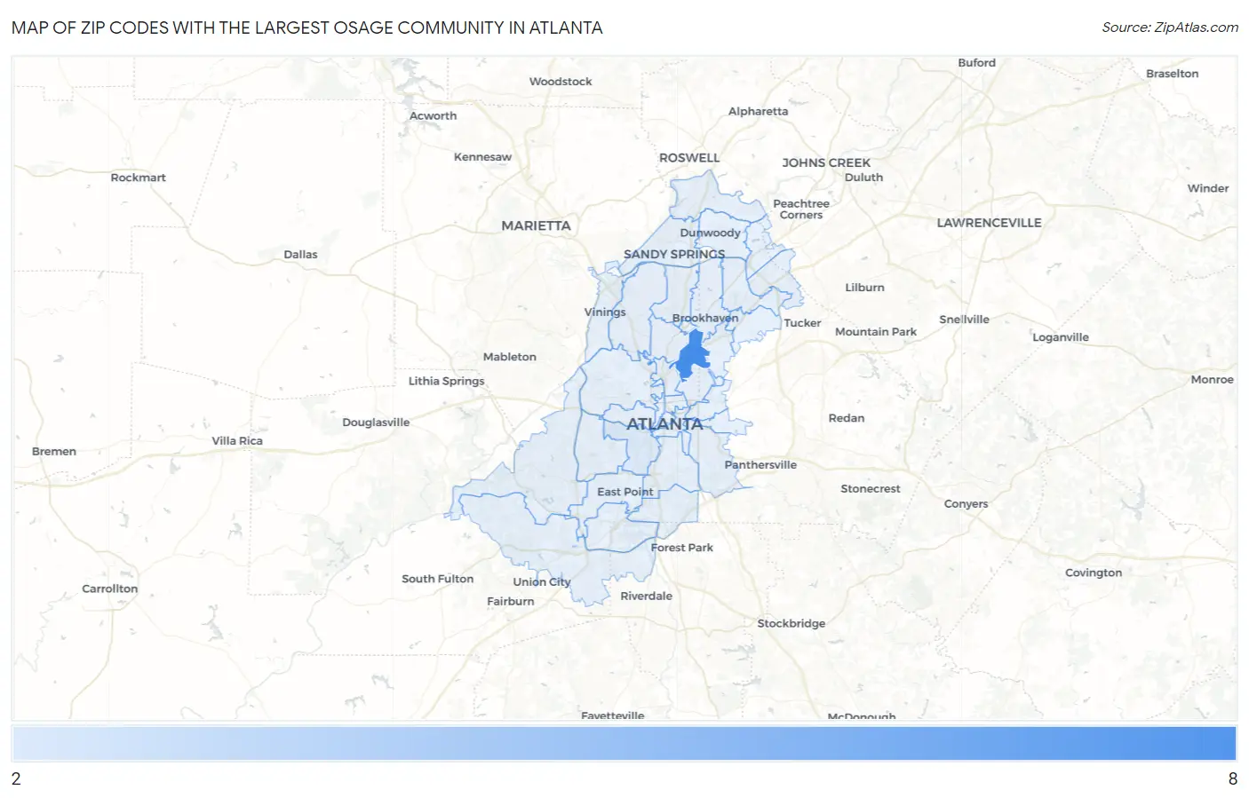 Zip Codes with the Largest Osage Community in Atlanta Map