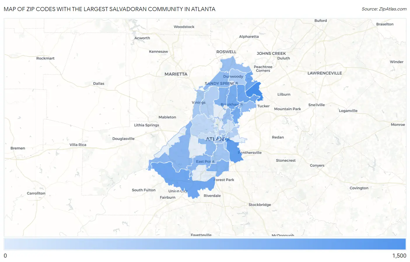 Zip Codes with the Largest Salvadoran Community in Atlanta Map