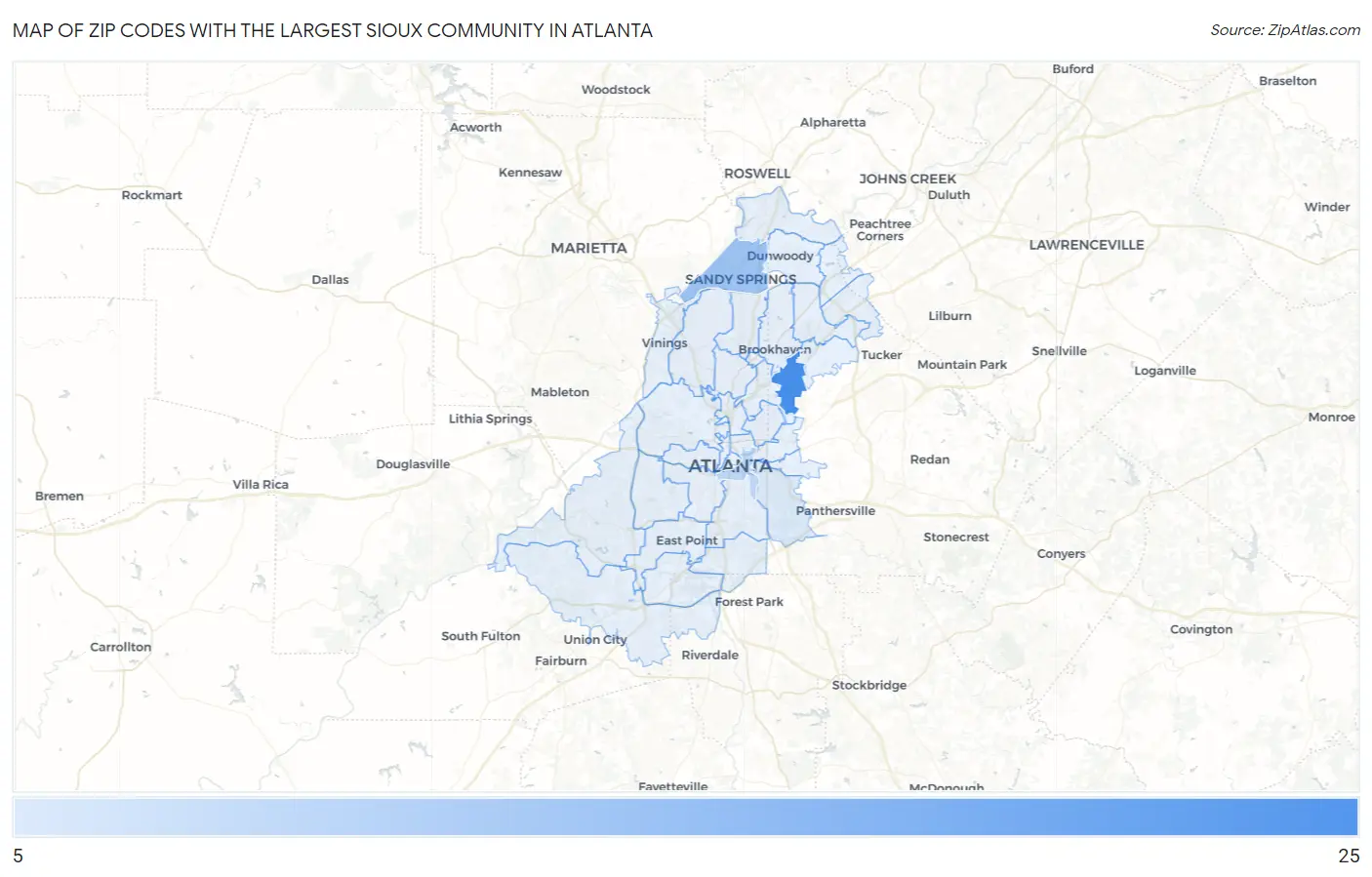 Zip Codes with the Largest Sioux Community in Atlanta Map