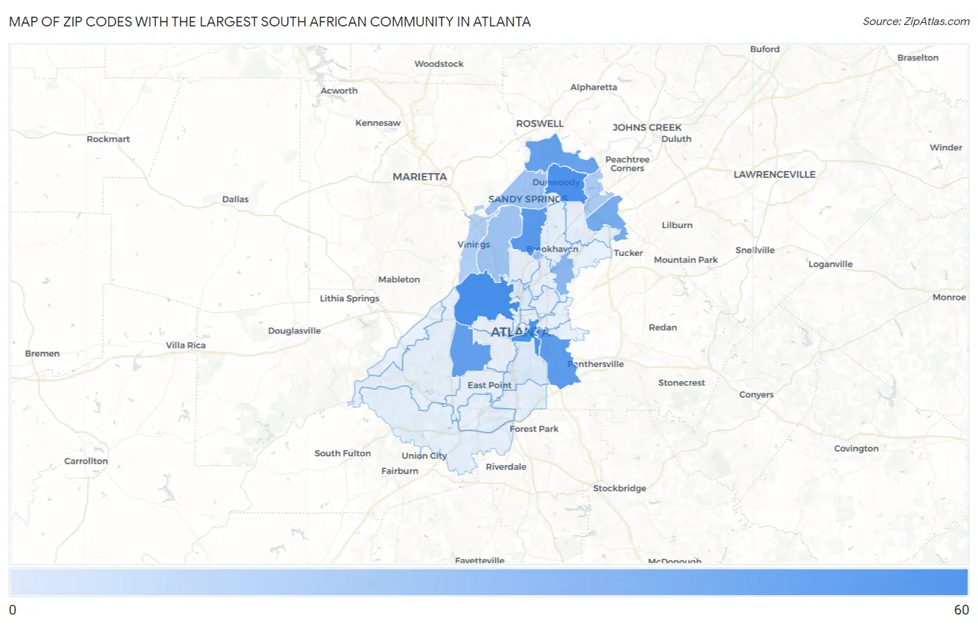 Zip Codes with the Largest South African Community in Atlanta Map