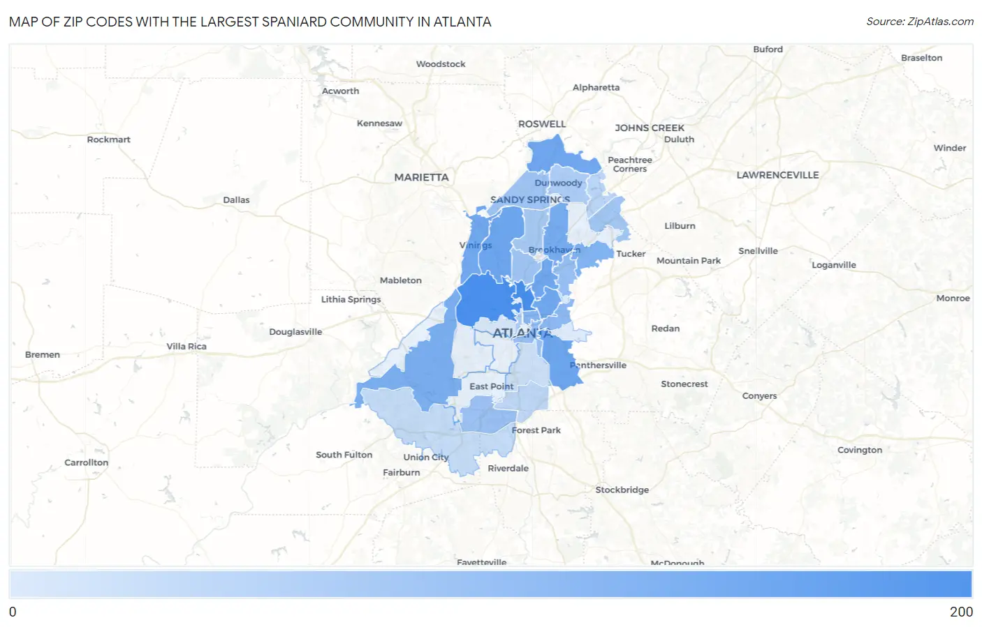 Zip Codes with the Largest Spaniard Community in Atlanta Map