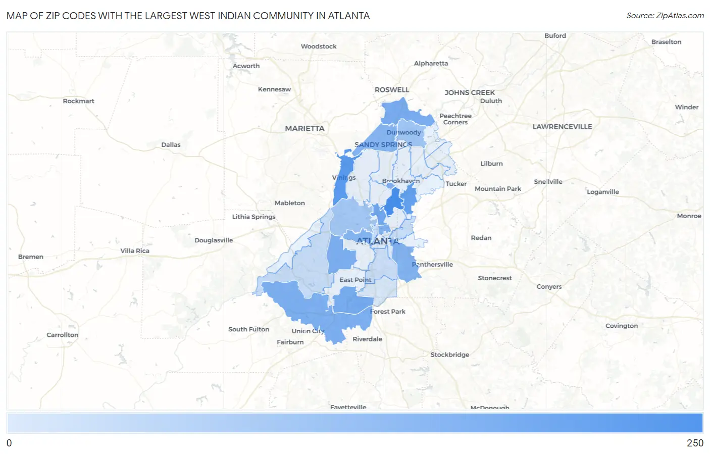 Zip Codes with the Largest West Indian Community in Atlanta Map