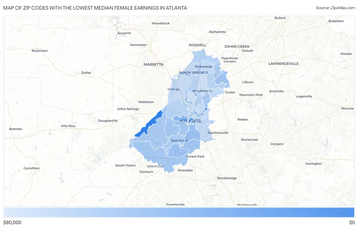 Zip Codes with the Lowest Median Female Earnings in Atlanta Map
