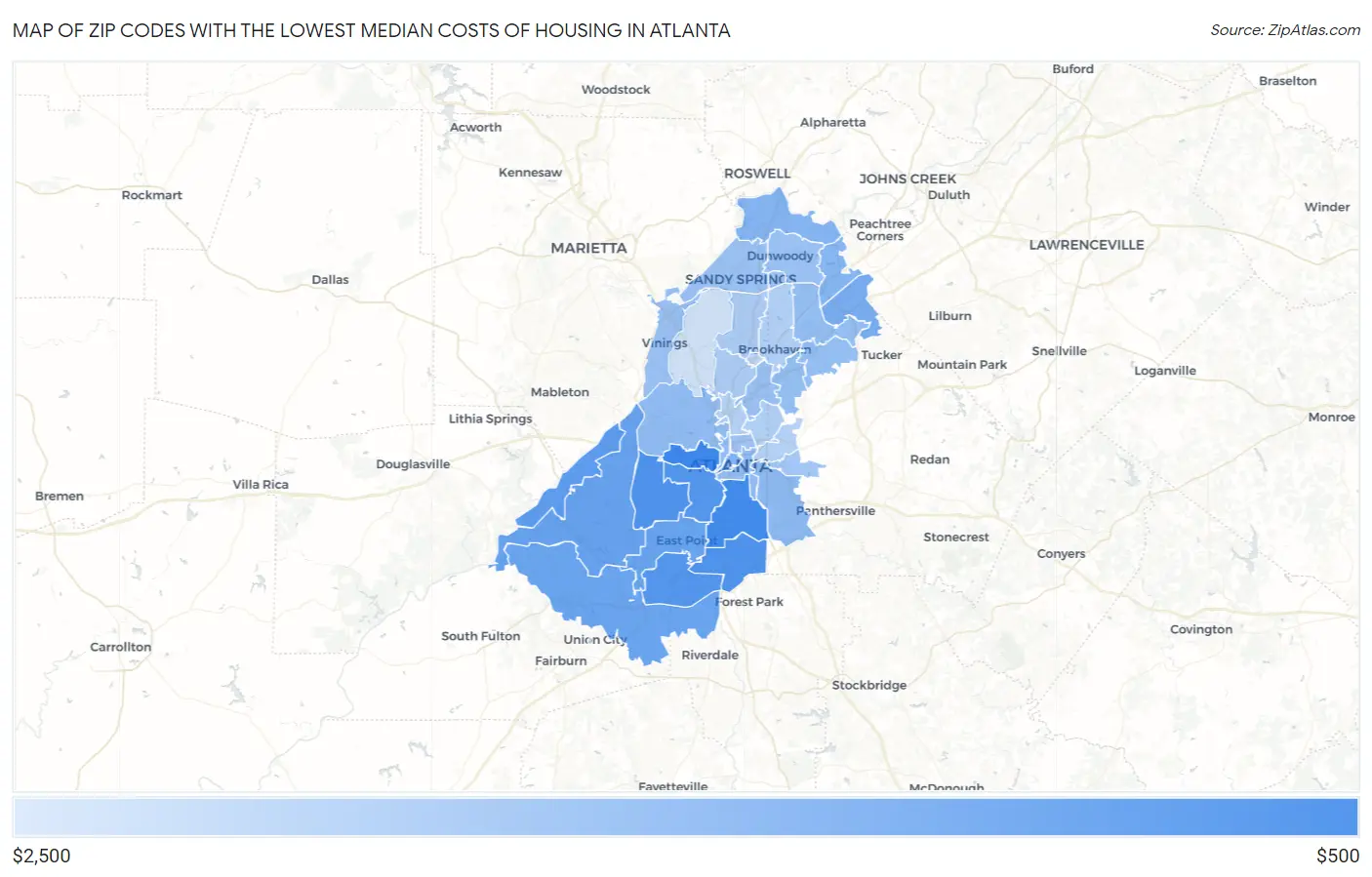 Zip Codes with the Lowest Median Costs of Housing in Atlanta Map