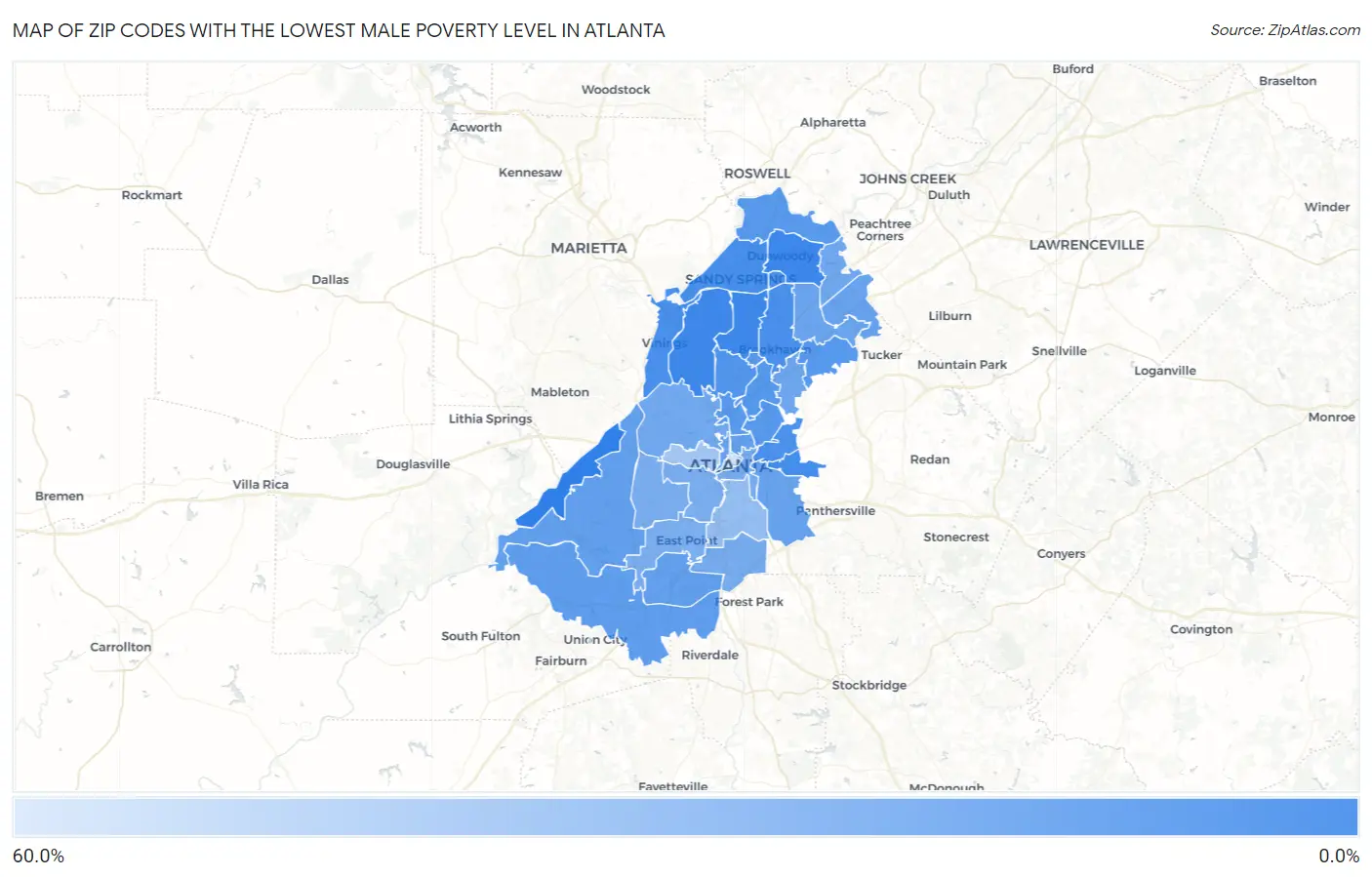 Zip Codes with the Lowest Male Poverty Level in Atlanta Map