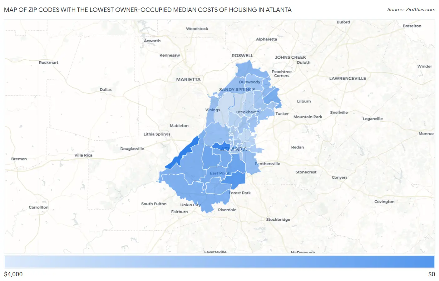 Zip Codes with the Lowest Owner-Occupied Median Costs of Housing in Atlanta Map