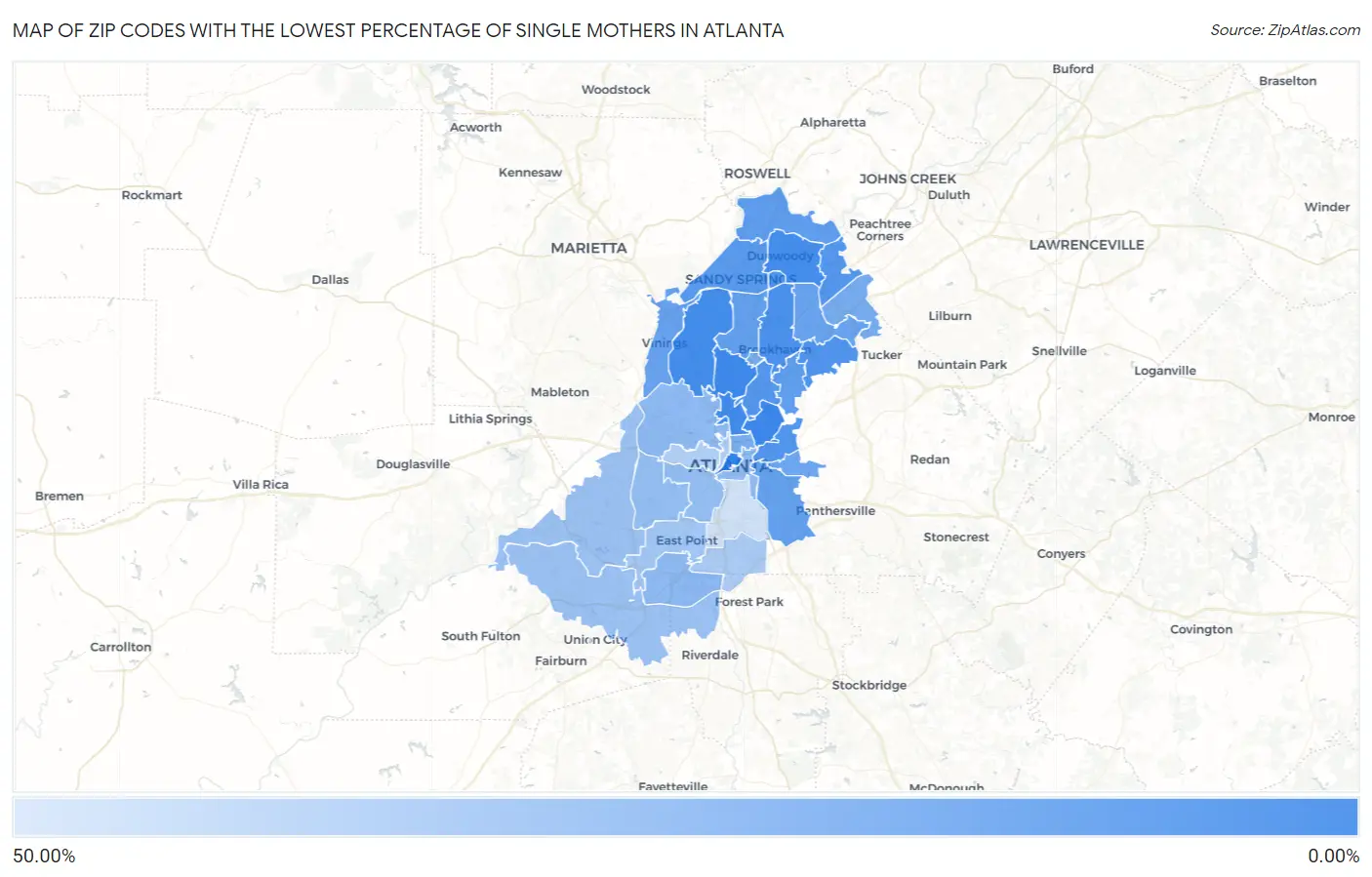 Zip Codes with the Lowest Percentage of Single Mothers in Atlanta Map