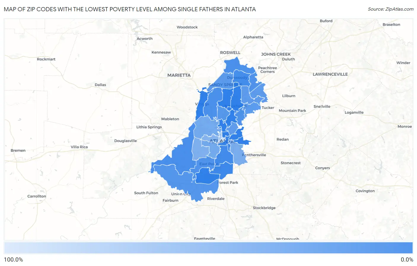 Zip Codes with the Lowest Poverty Level Among Single Fathers in Atlanta Map