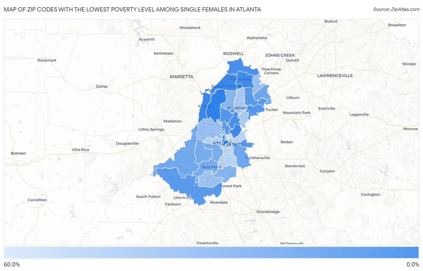Zip Codes with the Lowest Poverty Level Among Single Females in Atlanta Map