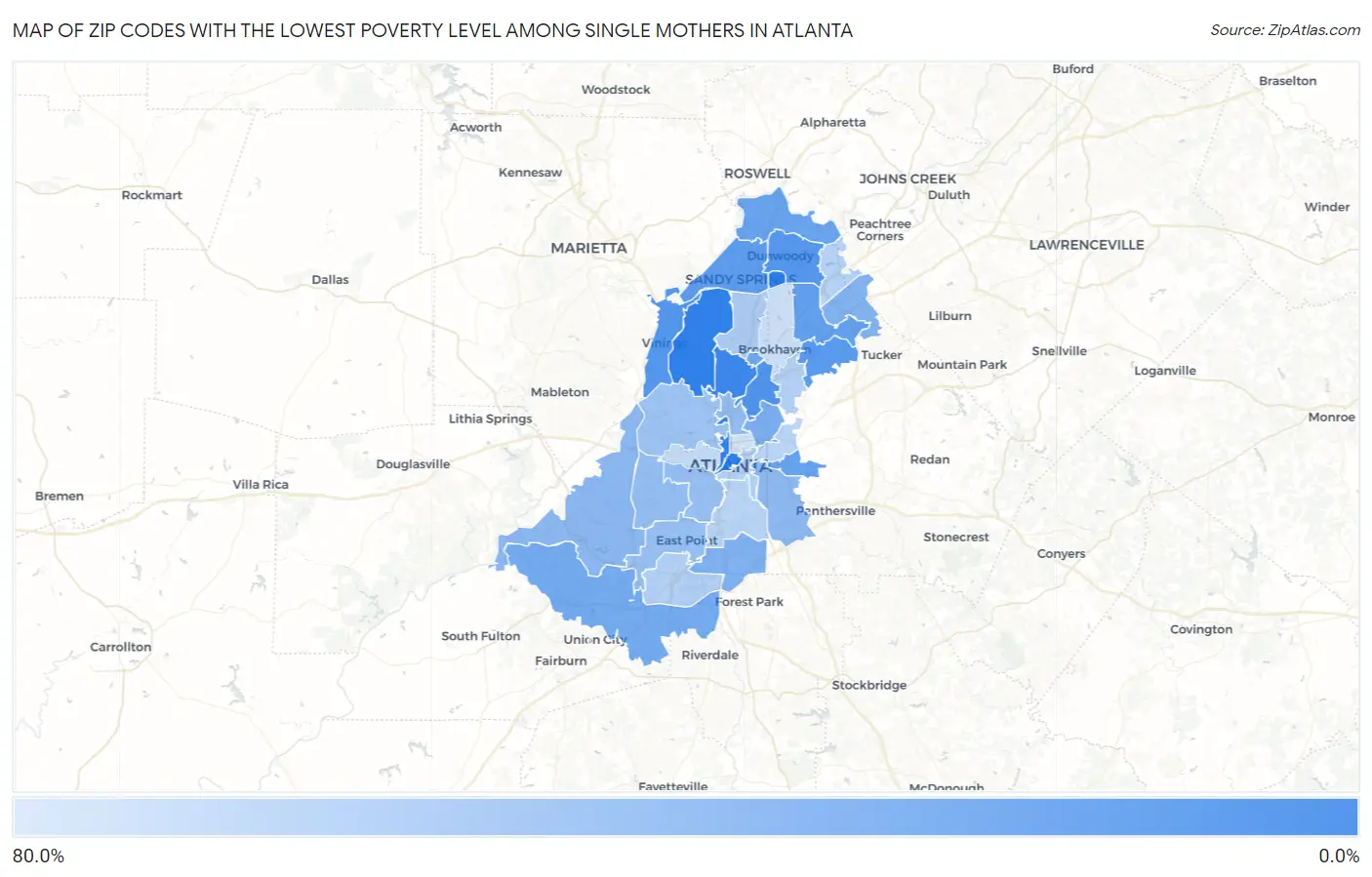 Zip Codes with the Lowest Poverty Level Among Single Mothers in Atlanta Map