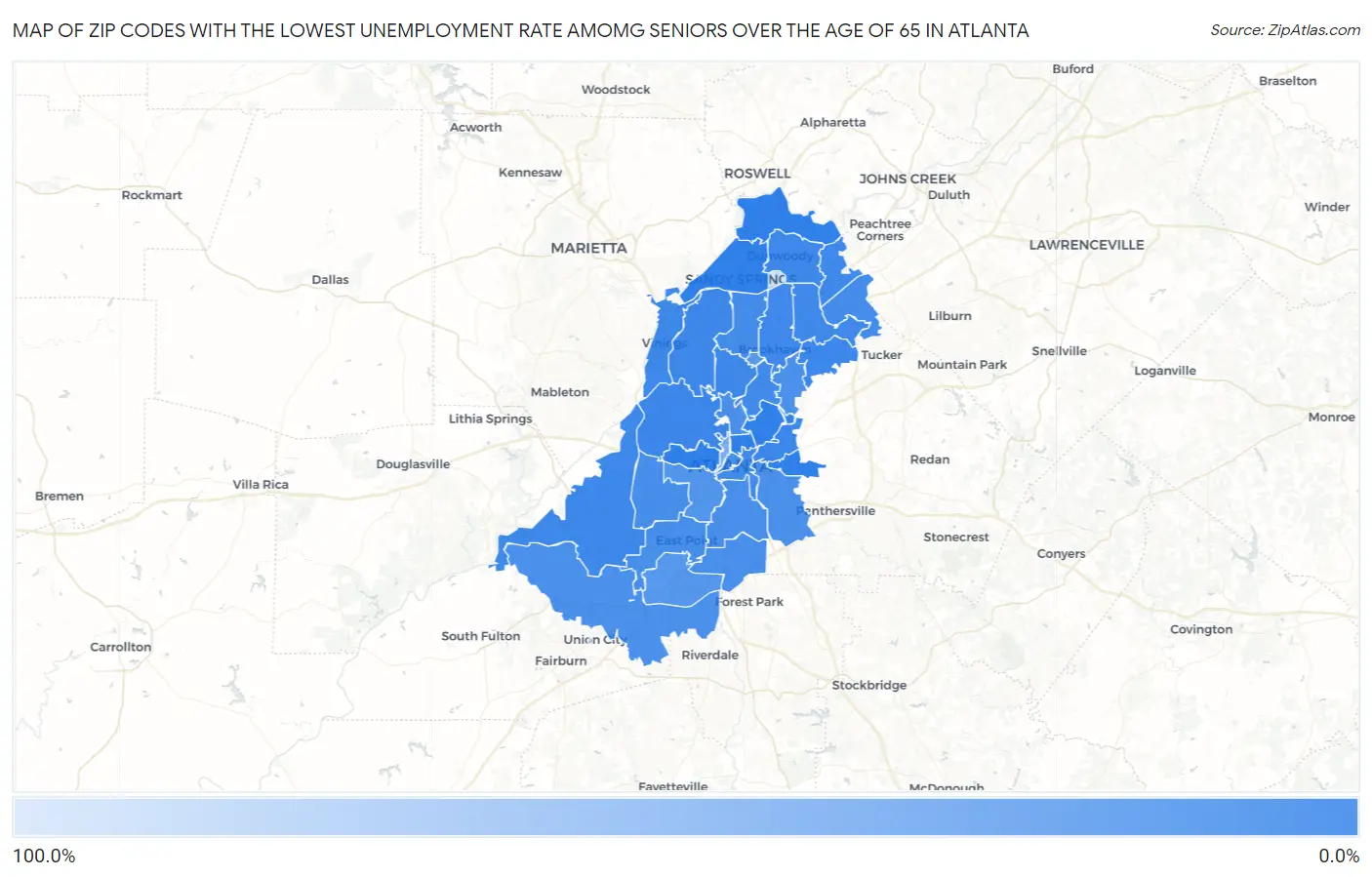 Zip Codes with the Lowest Unemployment Rate Amomg Seniors Over the Age of 65 in Atlanta Map