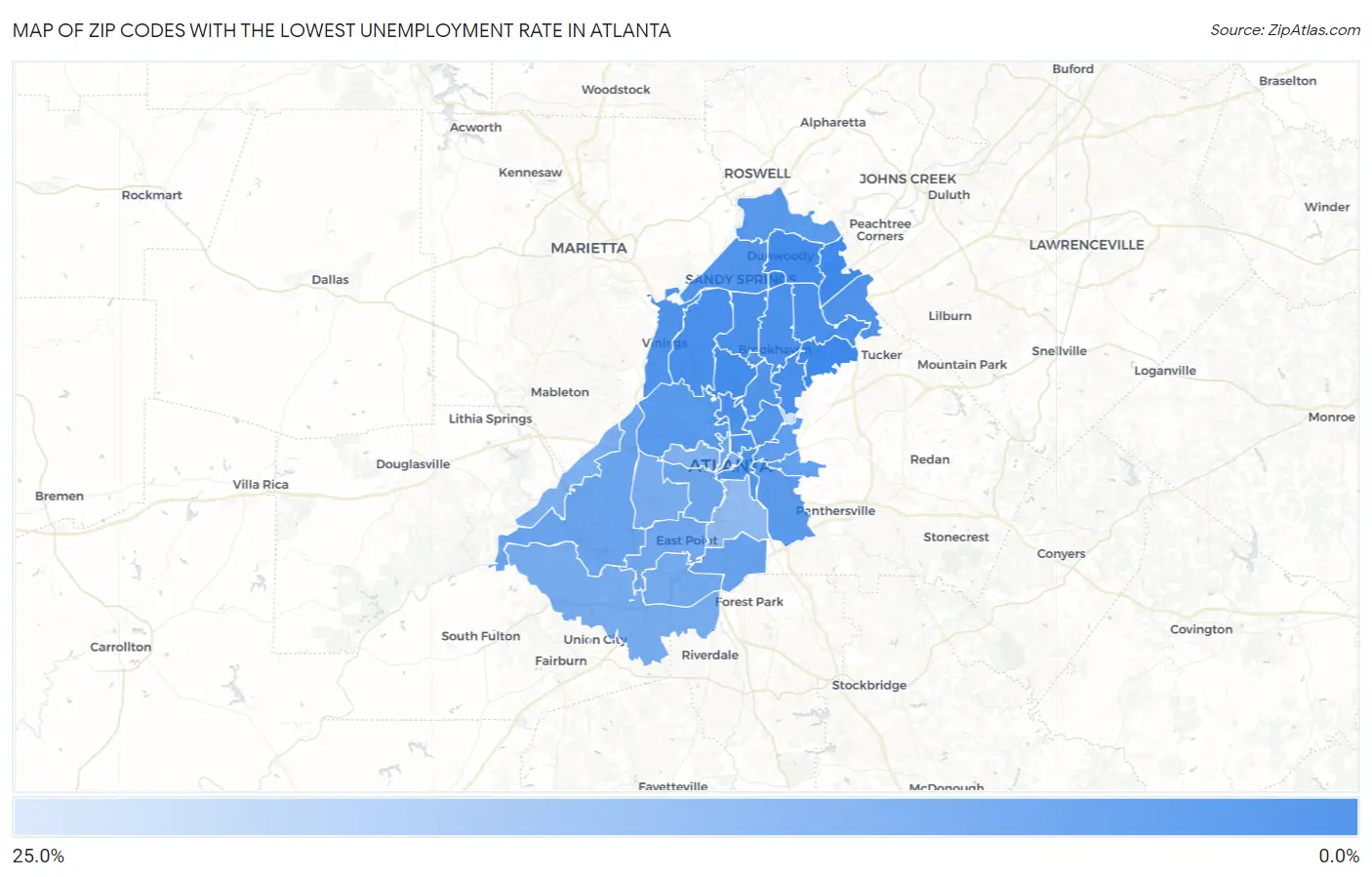 Zip Codes with the Lowest Unemployment Rate in Atlanta Map