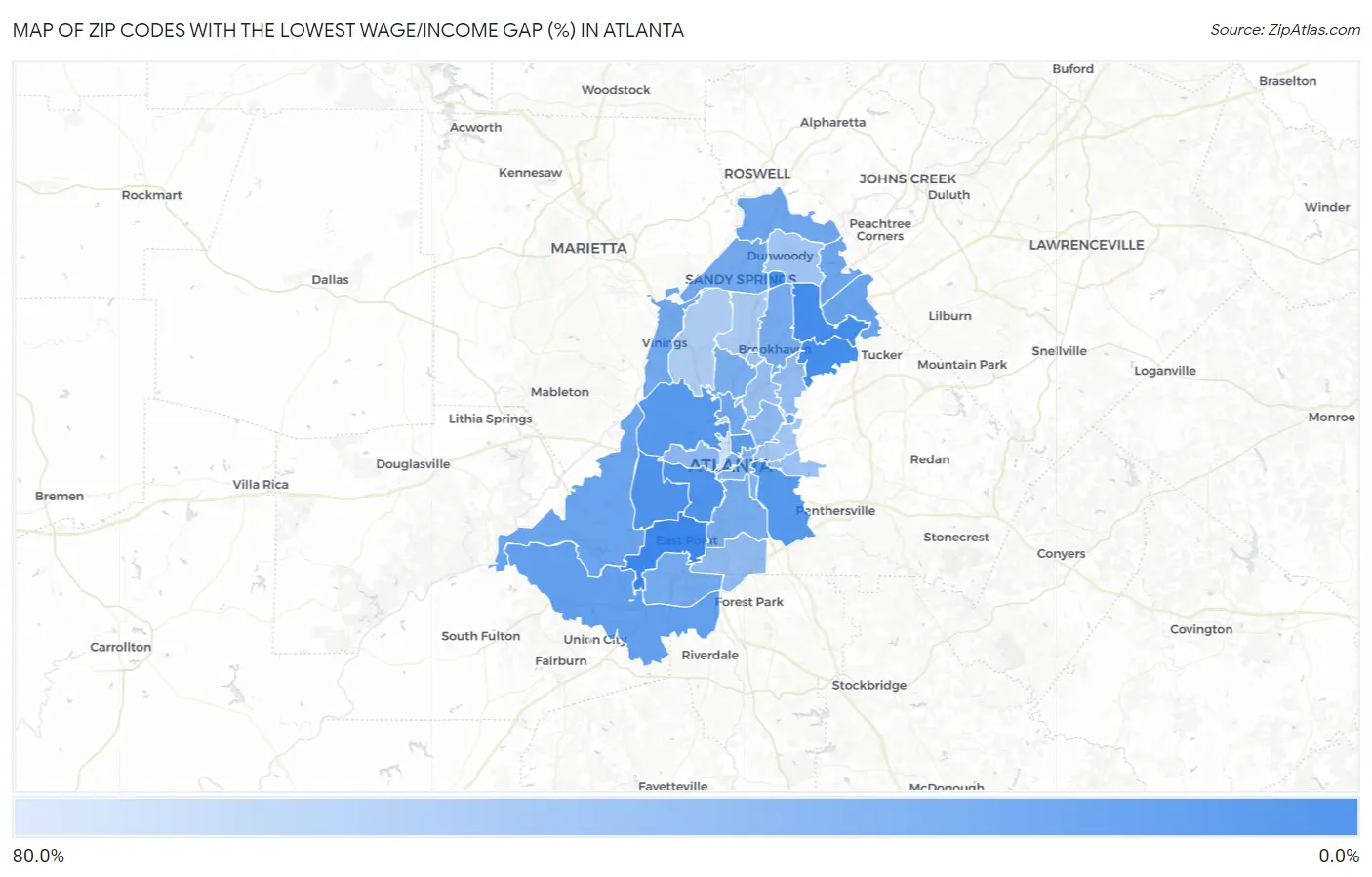 Zip Codes with the Lowest Wage/Income Gap (%) in Atlanta Map