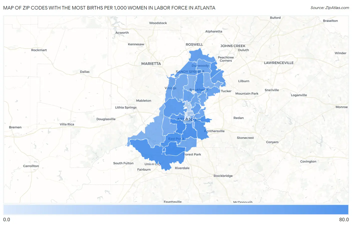Zip Codes with the Most Births per 1,000 Women in Labor Force in Atlanta Map