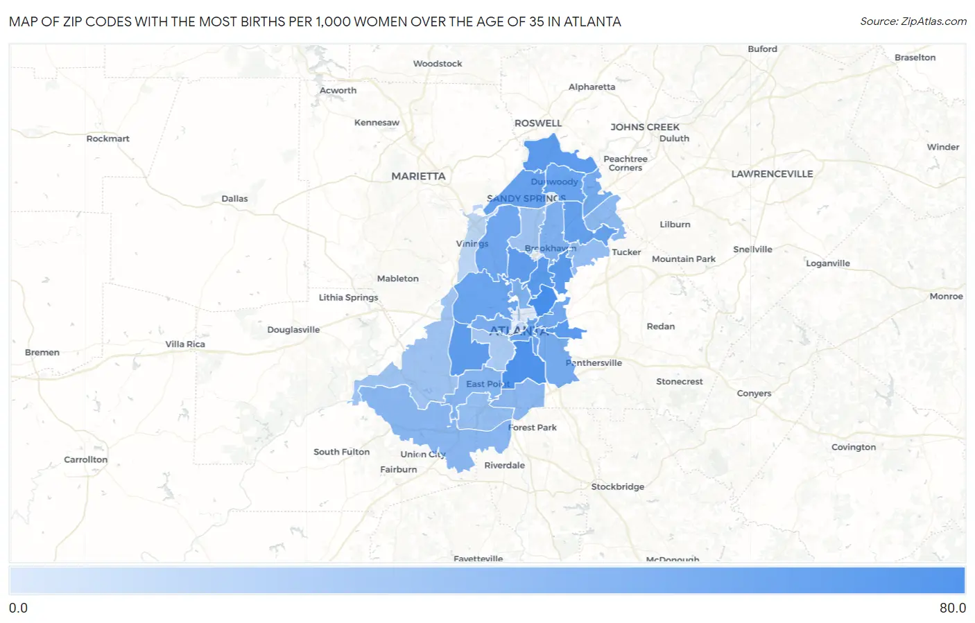 Zip Codes with the Most Births per 1,000 Women Over the Age of 35 in Atlanta Map