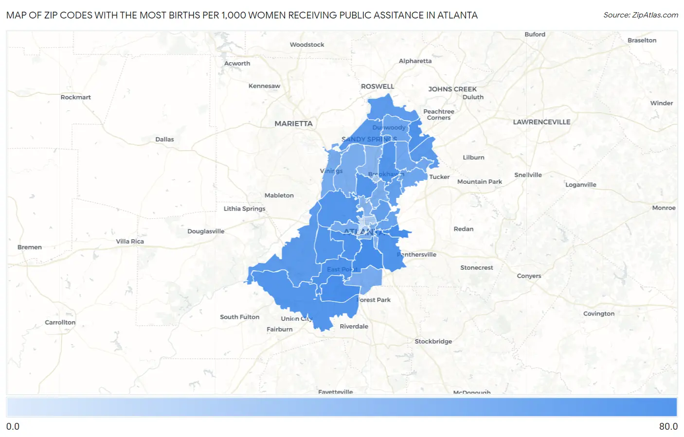 Zip Codes with the Most Births per 1,000 Women Receiving Public Assitance in Atlanta Map