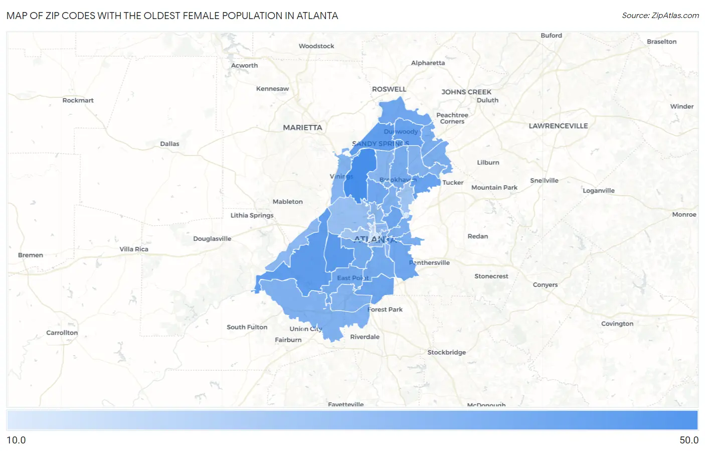 Zip Codes with the Oldest Female Population in Atlanta Map