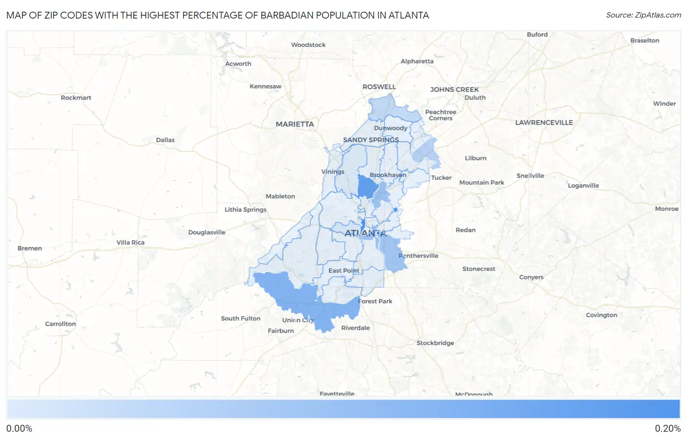 Zip Codes with the Highest Percentage of Barbadian Population in Atlanta Map