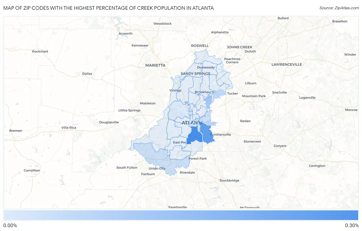 Zip Codes with the Highest Percentage of Creek Population in Atlanta Map