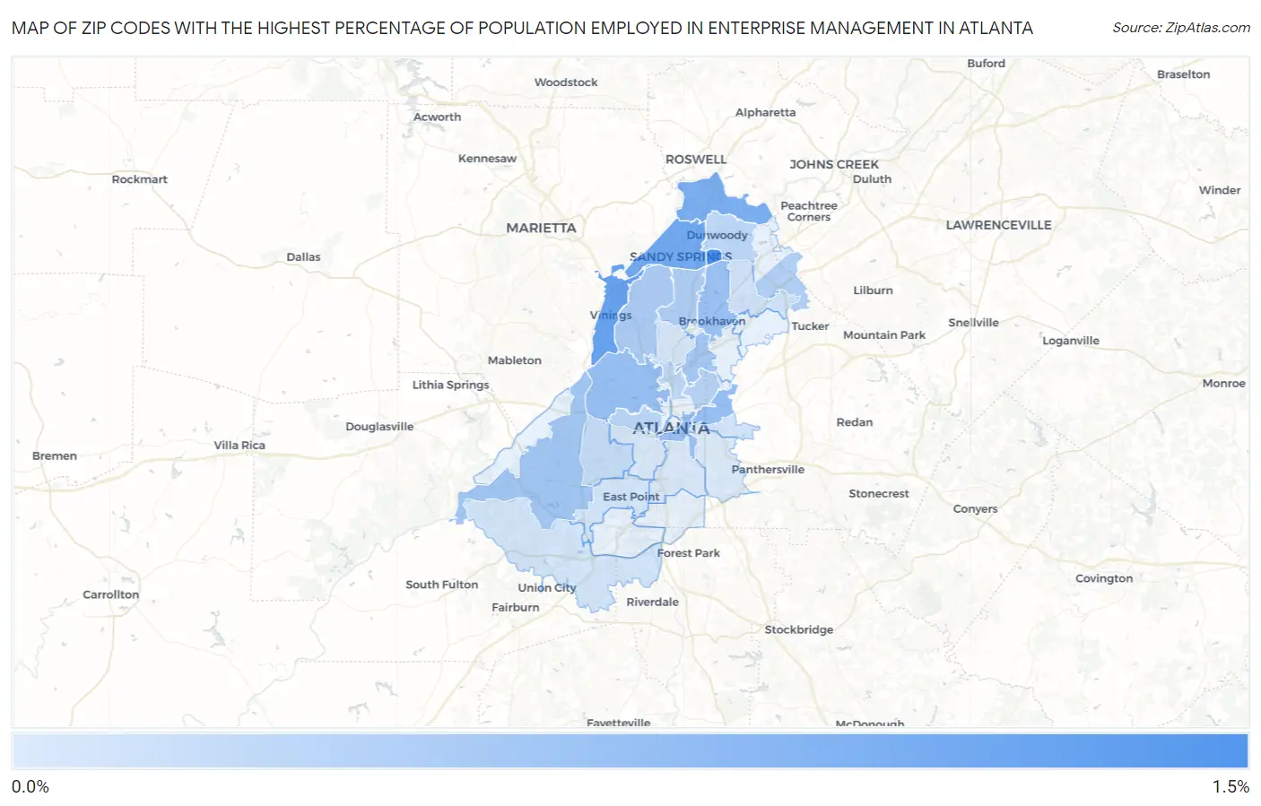Zip Codes with the Highest Percentage of Population Employed in Enterprise Management in Atlanta Map