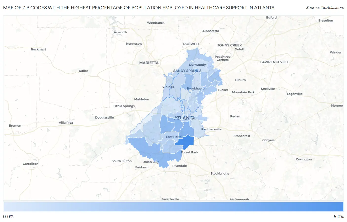 Zip Codes with the Highest Percentage of Population Employed in Healthcare Support in Atlanta Map