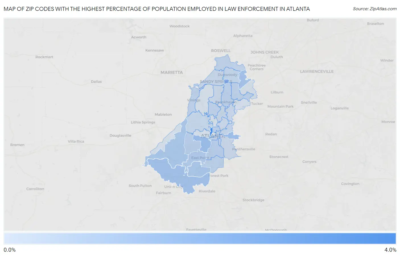 Zip Codes with the Highest Percentage of Population Employed in Law Enforcement in Atlanta Map