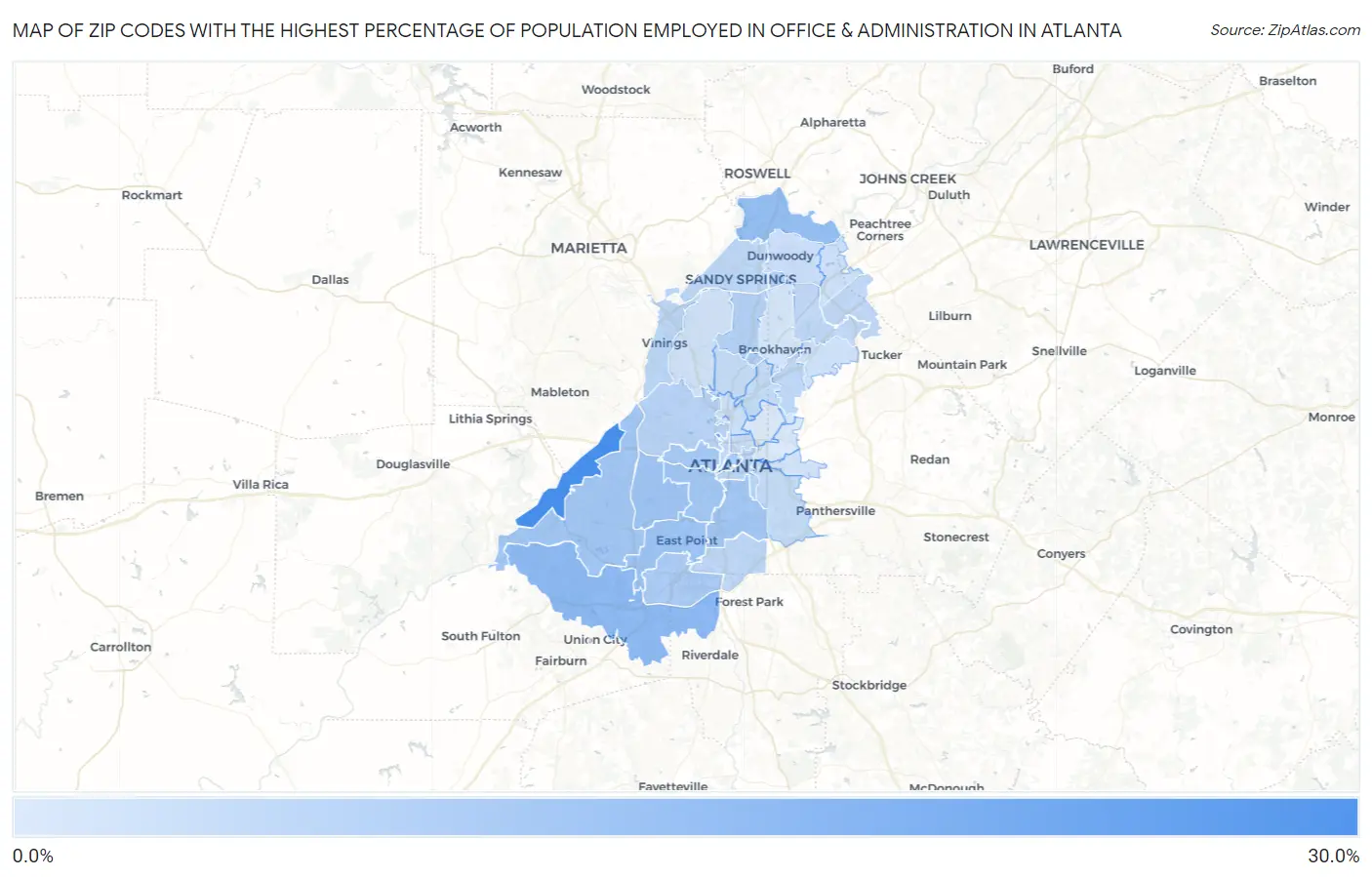 Zip Codes with the Highest Percentage of Population Employed in Office & Administration in Atlanta Map