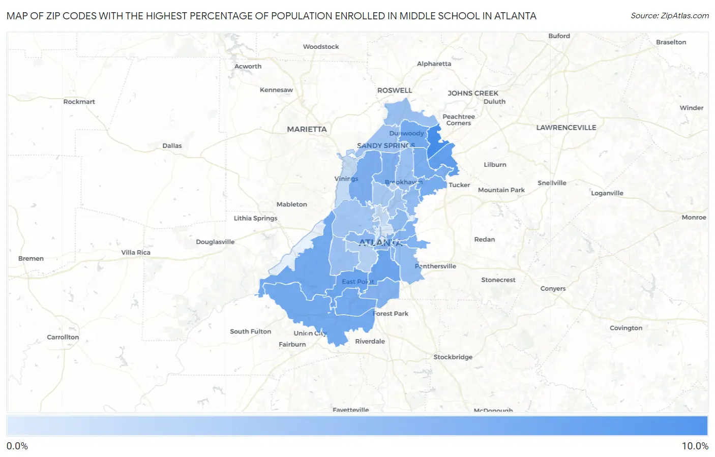 Zip Codes with the Highest Percentage of Population Enrolled in Middle School in Atlanta Map