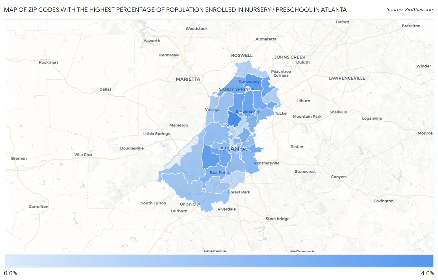 Zip Codes with the Highest Percentage of Population Enrolled in Nursery / Preschool in Atlanta Map