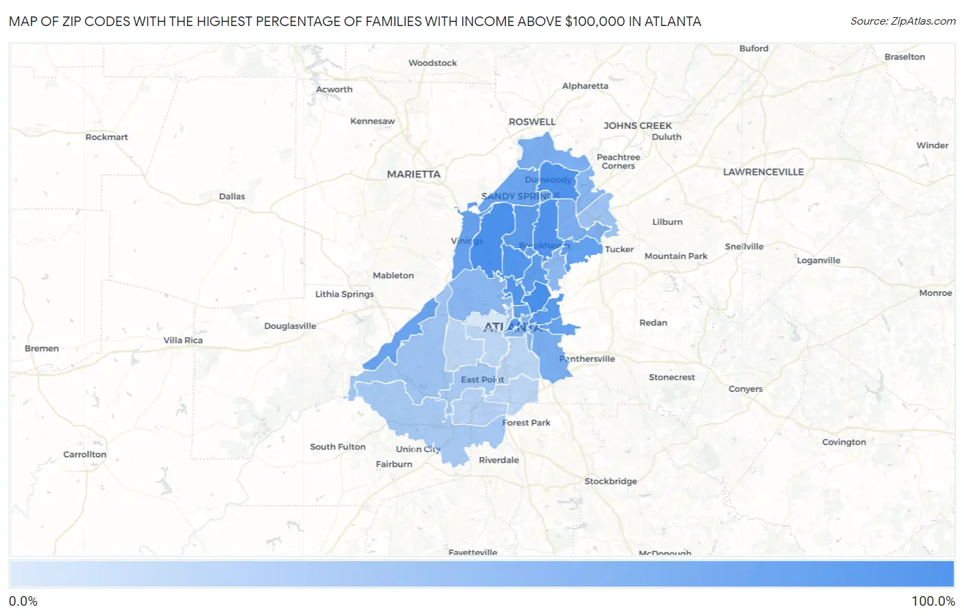Zip Codes with the Highest Percentage of Families with Income Above $100,000 in Atlanta Map