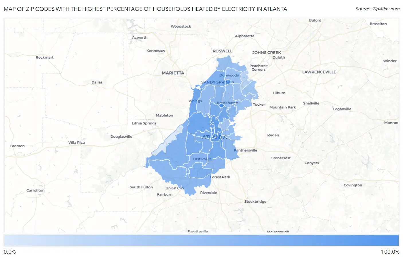 Zip Codes with the Highest Percentage of Households Heated by Electricity in Atlanta Map