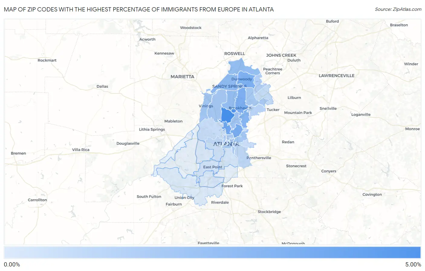 Zip Codes with the Highest Percentage of Immigrants from Europe in Atlanta Map