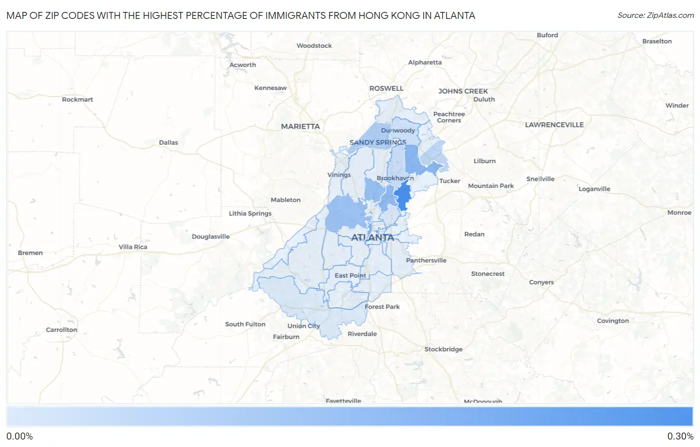 Zip Codes with the Highest Percentage of Immigrants from Hong Kong in Atlanta Map