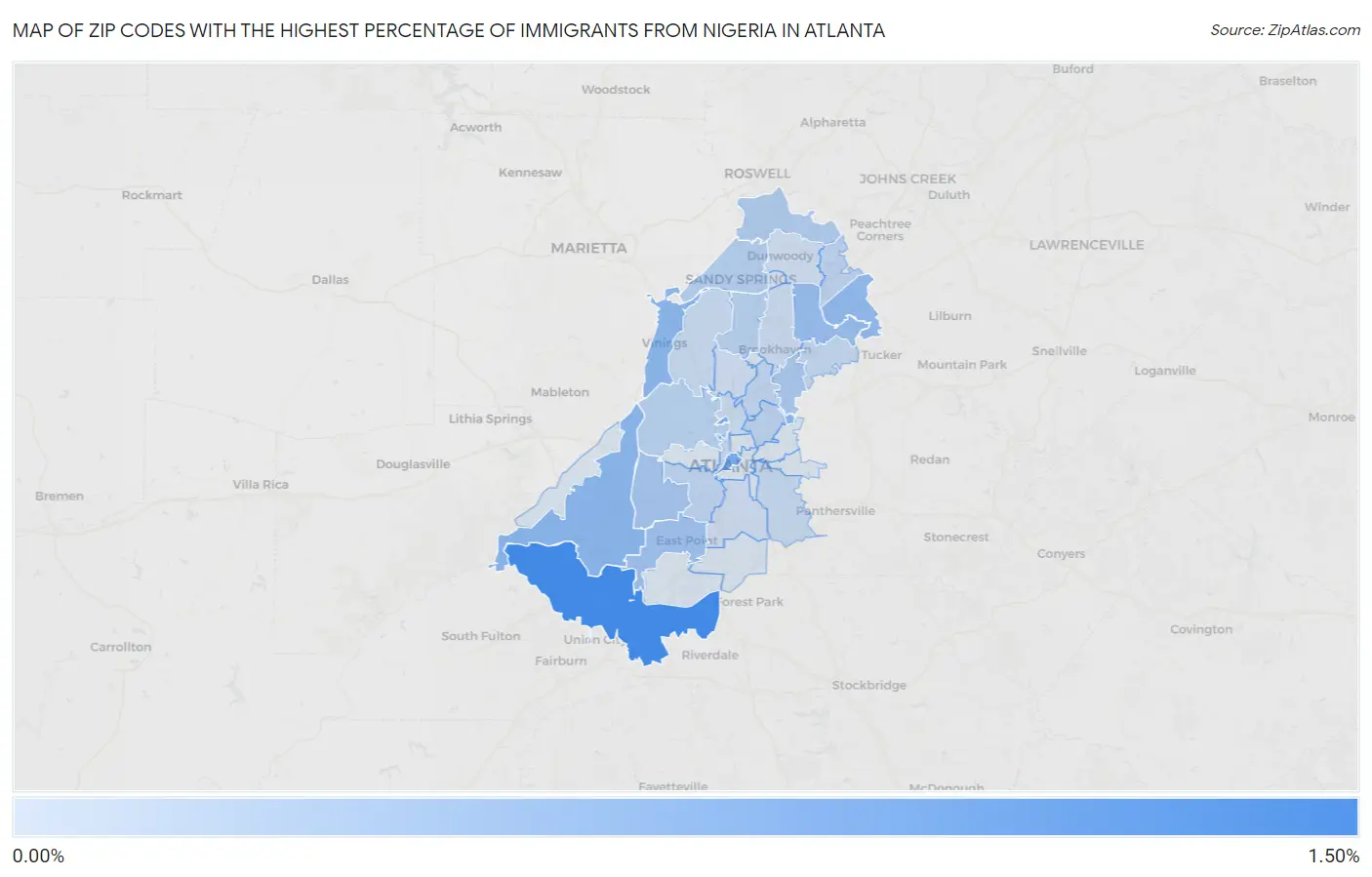 Zip Codes with the Highest Percentage of Immigrants from Nigeria in Atlanta Map