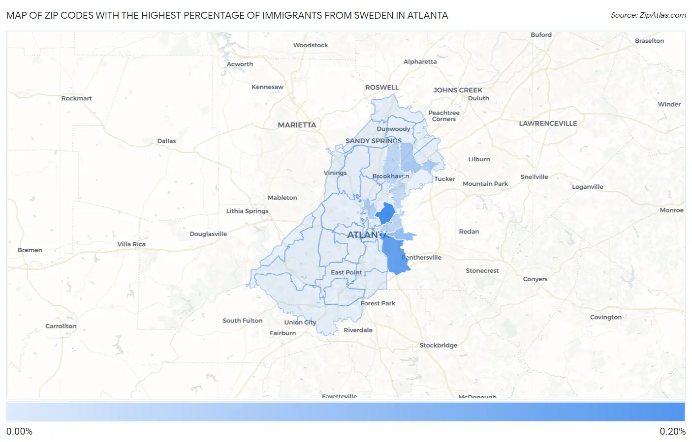 Zip Codes with the Highest Percentage of Immigrants from Sweden in Atlanta Map