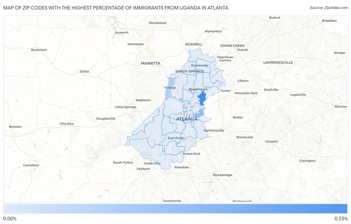 Zip Codes with the Highest Percentage of Immigrants from Uganda in Atlanta Map