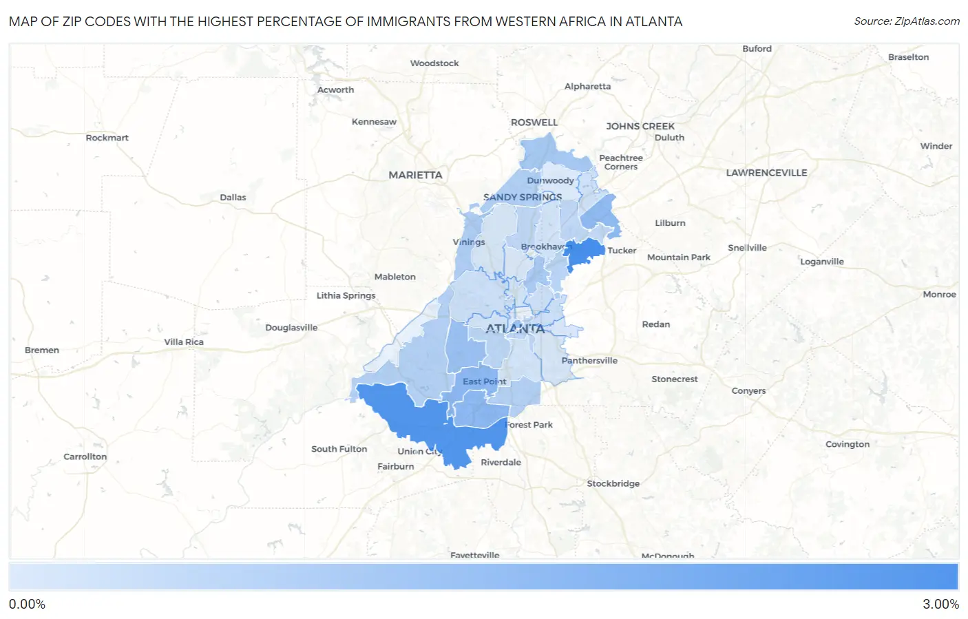 Zip Codes with the Highest Percentage of Immigrants from Western Africa in Atlanta Map
