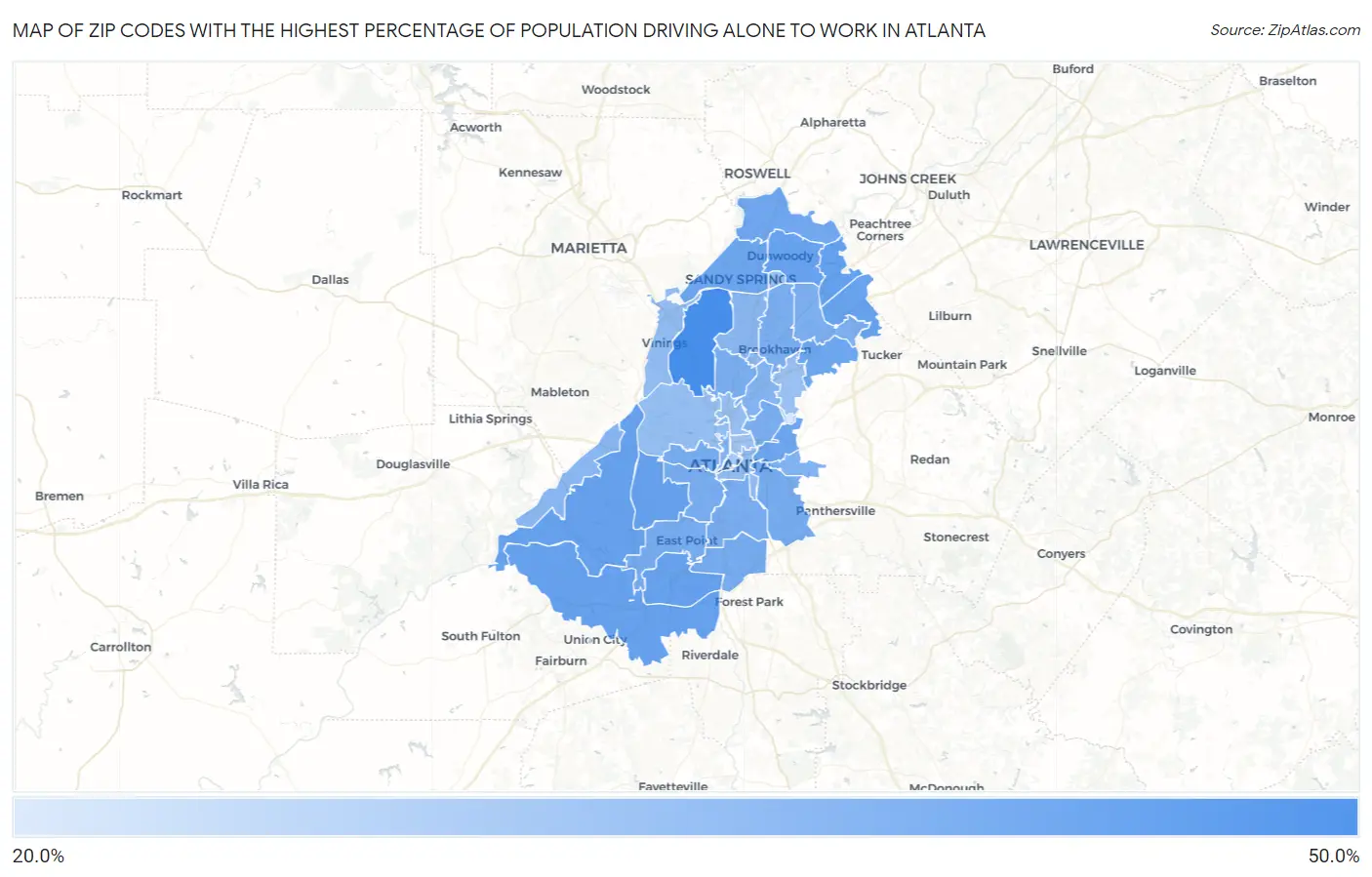 Zip Codes with the Highest Percentage of Population Driving Alone to Work in Atlanta Map