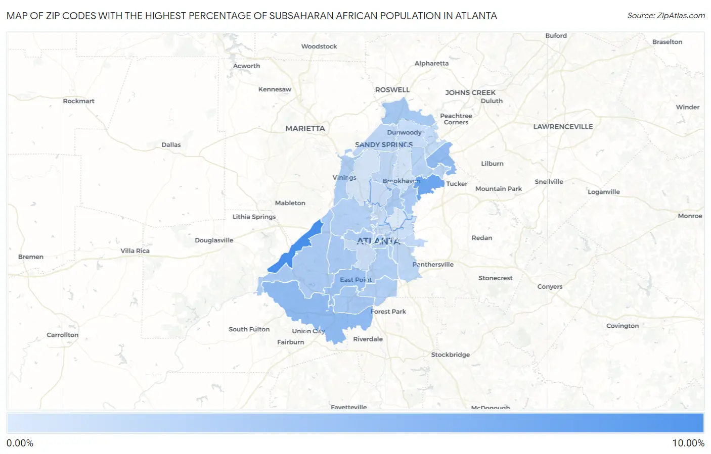 Zip Codes with the Highest Percentage of Subsaharan African Population in Atlanta Map