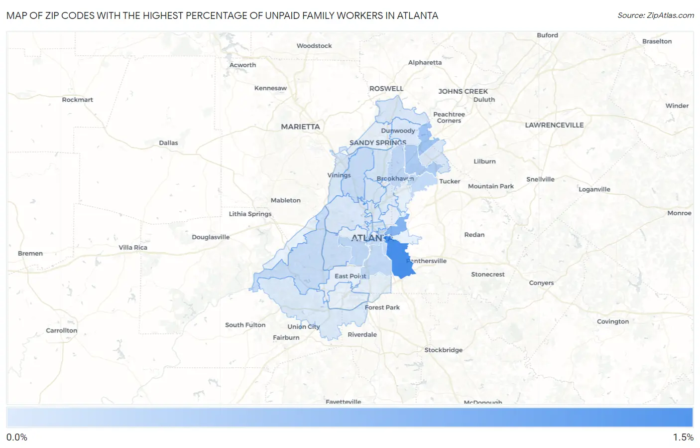 Zip Codes with the Highest Percentage of Unpaid Family Workers in Atlanta Map