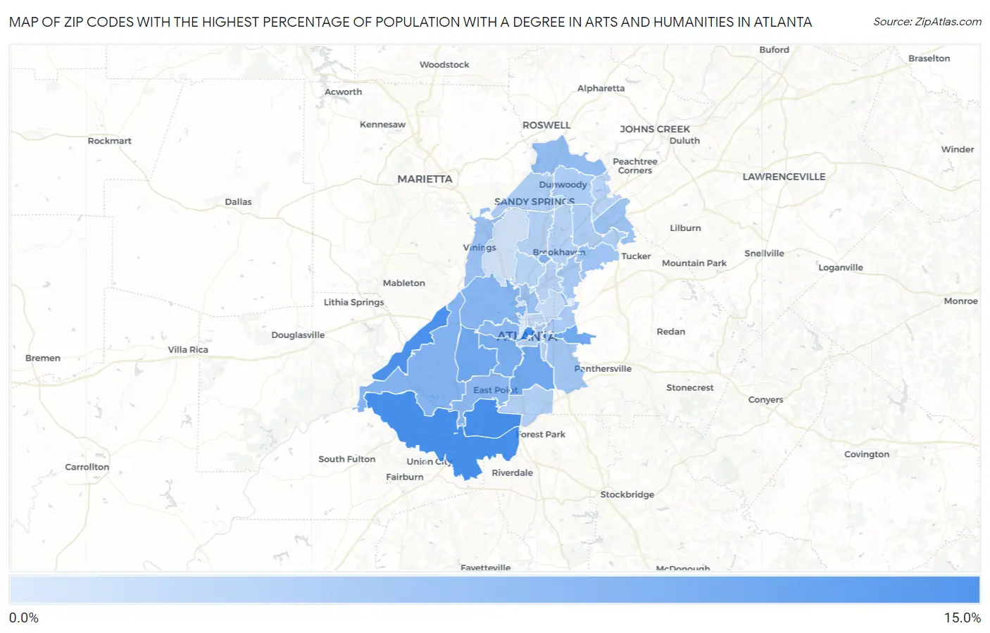 Zip Codes with the Highest Percentage of Population with a Degree in Arts and Humanities in Atlanta Map