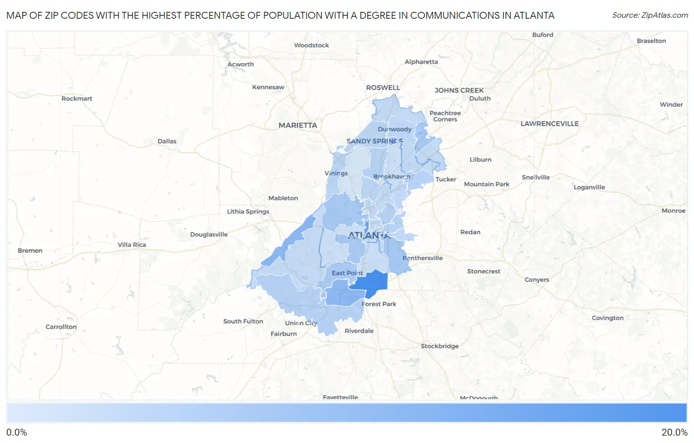 Zip Codes with the Highest Percentage of Population with a Degree in Communications in Atlanta Map