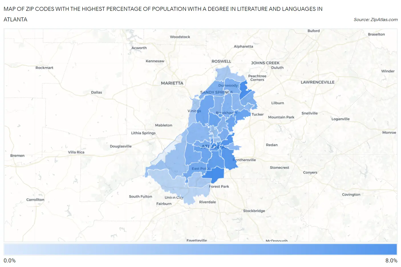 Zip Codes with the Highest Percentage of Population with a Degree in Literature and Languages in Atlanta Map