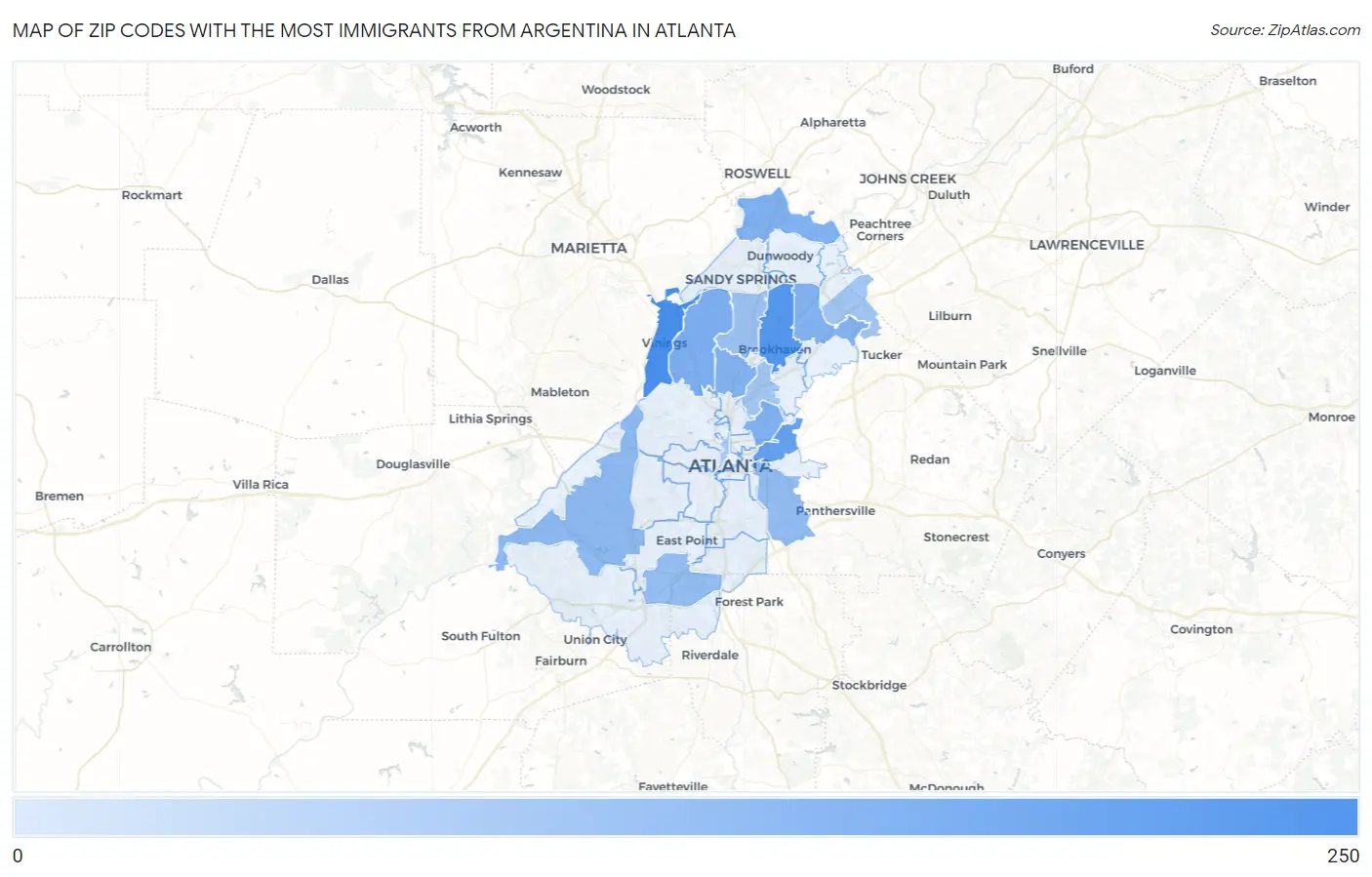 Zip Codes with the Most Immigrants from Argentina in Atlanta Map