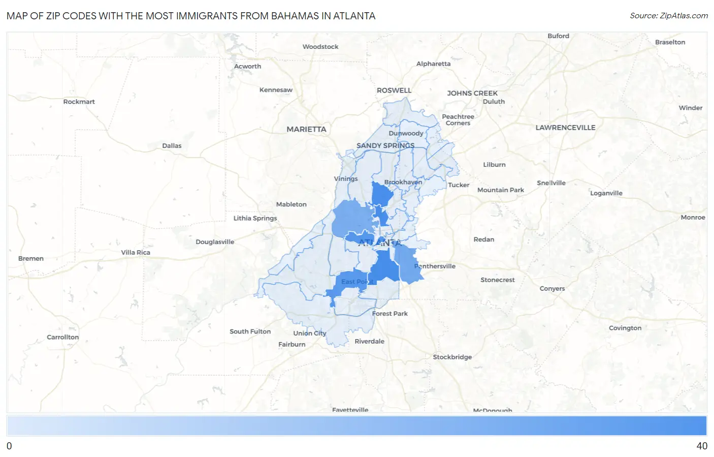 Zip Codes with the Most Immigrants from Bahamas in Atlanta Map