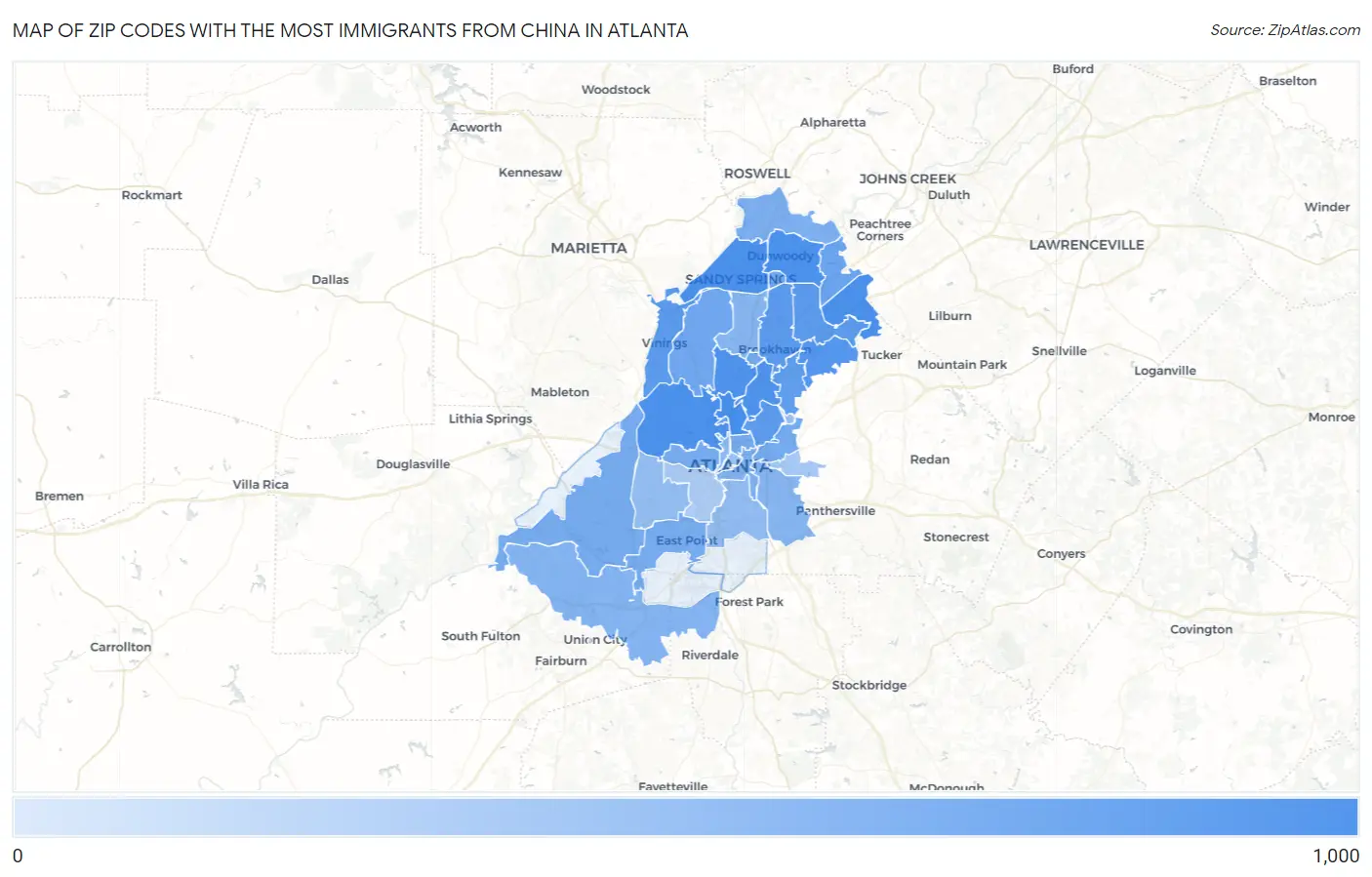 Zip Codes with the Most Immigrants from China in Atlanta Map