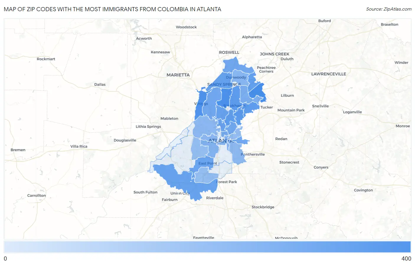 Zip Codes with the Most Immigrants from Colombia in Atlanta Map