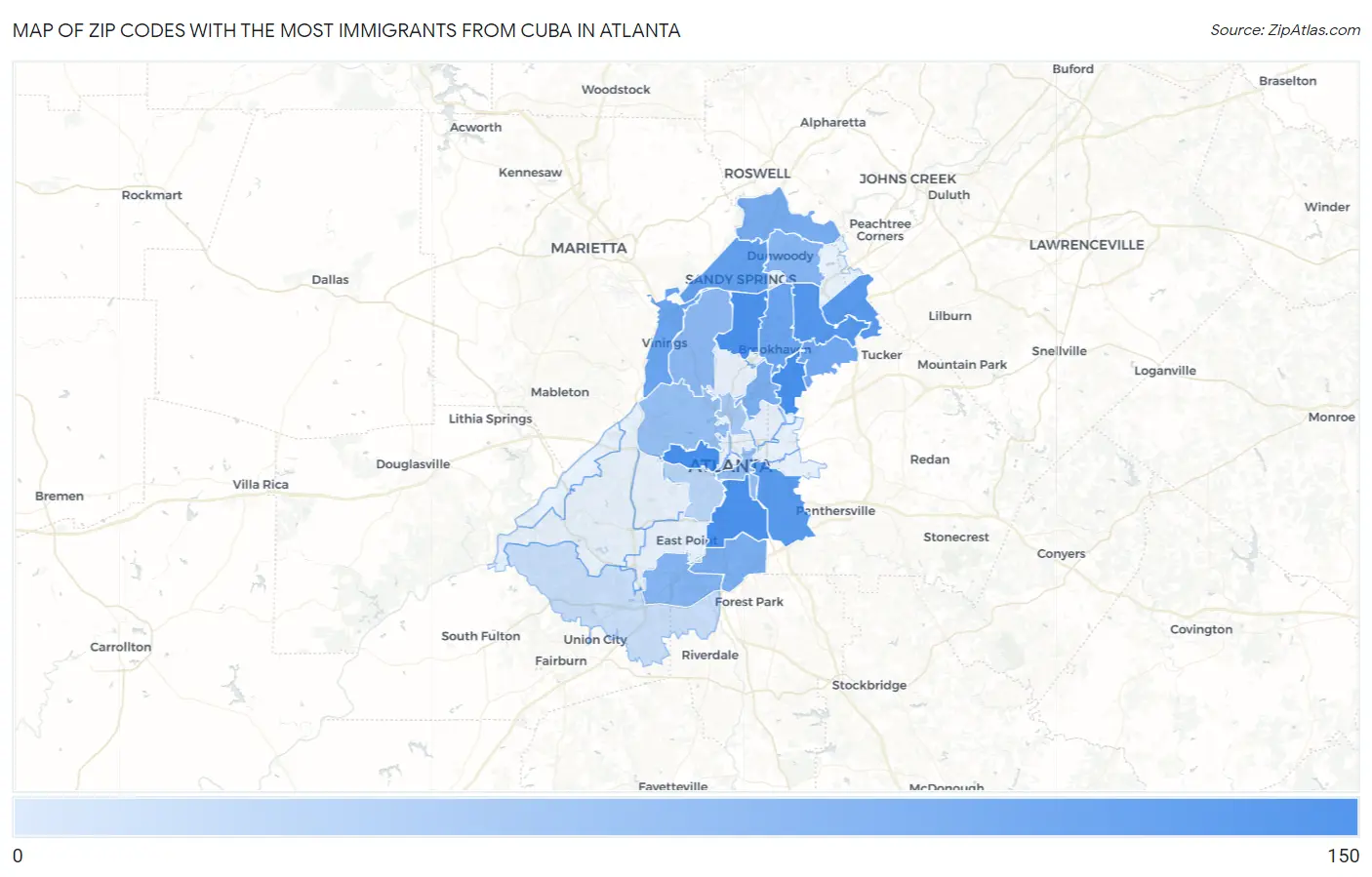Zip Codes with the Most Immigrants from Cuba in Atlanta Map