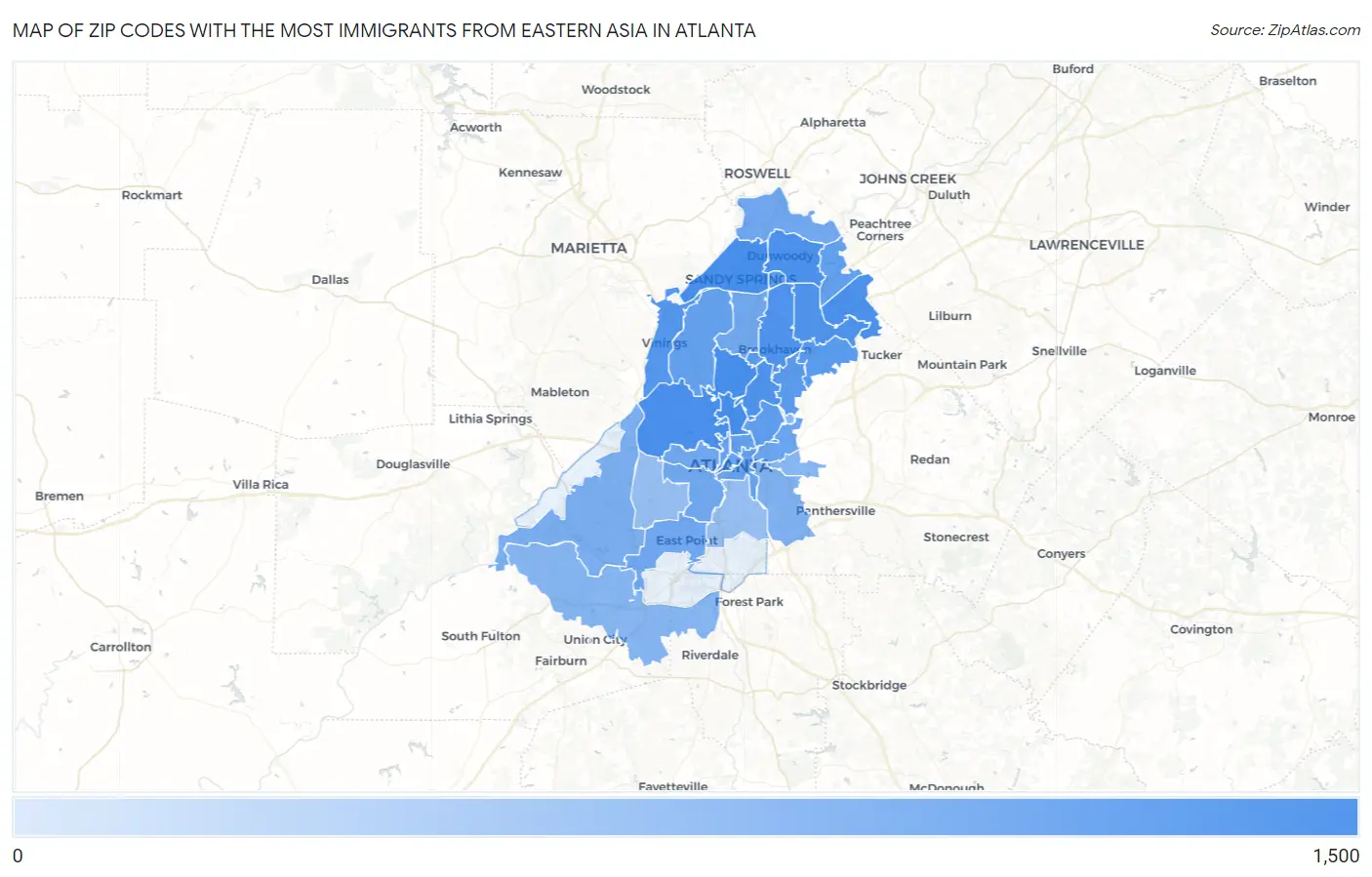Zip Codes with the Most Immigrants from Eastern Asia in Atlanta Map